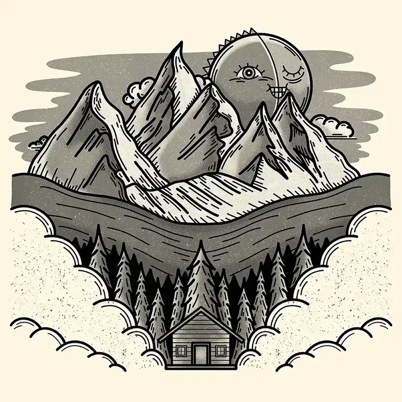 Illustration of mountains and forests with a grinning sun and a snowy cabin surrounded by trees